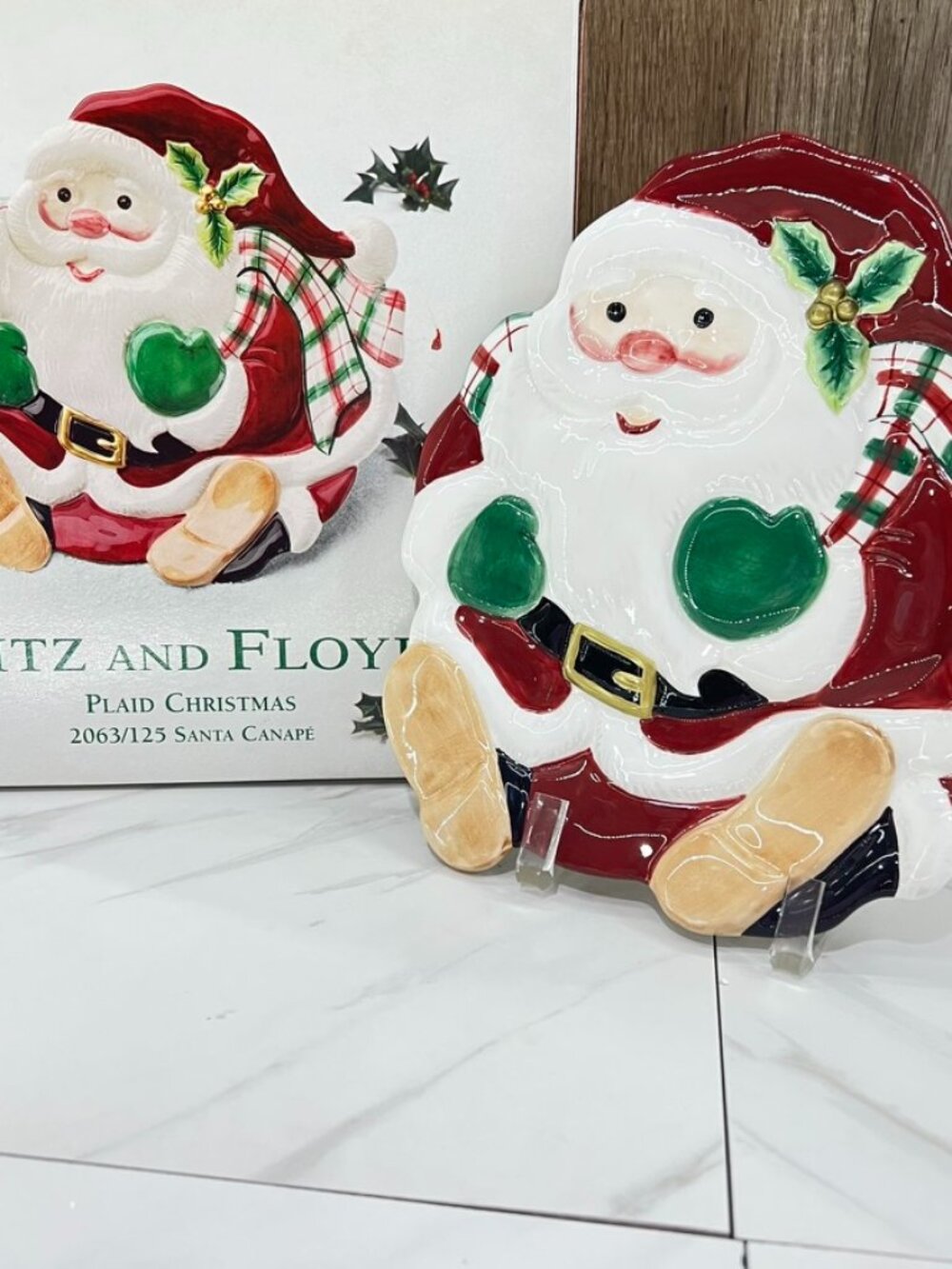 Vtg Fitz & Floyd Plaid Christmas Santa Canape Cookie Plate 9" x 8" New w/ Box